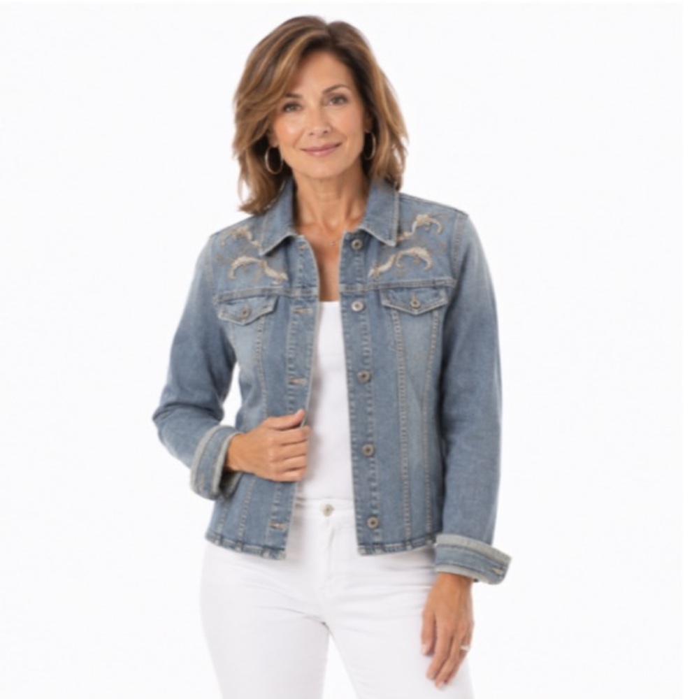 2/$30 Tahari Embellished Denim Jacket Sz L Blue Embroidered Jean Jacket Y2K